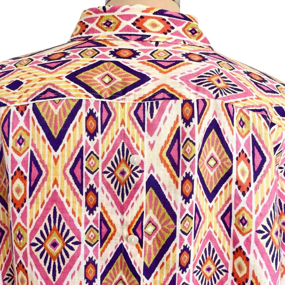 Chico's No Iron 100% Linen Button Down Tunic Sz XL Bright Geometric Print Summer